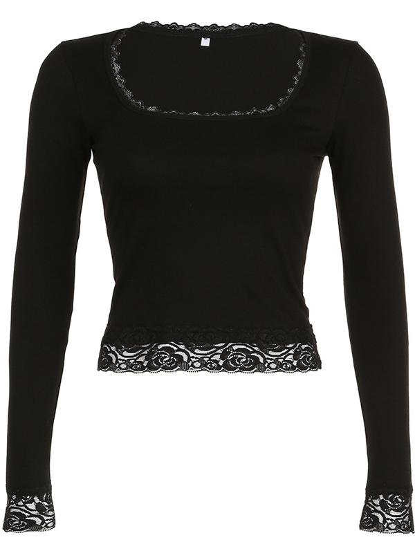 LONG SLEEVE TOP WITH LACE TRIM - BLACK LONG SLEEVE CROP