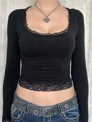 LONG SLEEVE TOP WITH LACE TRIM - BLACK LONG SLEEVE CROP