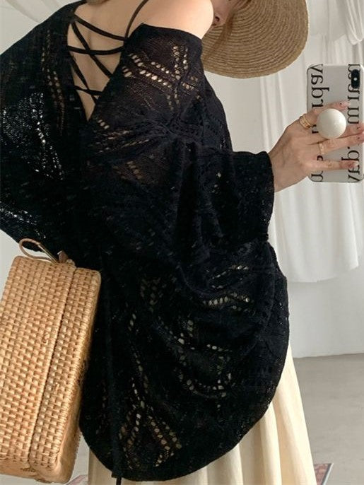 LONG SLEEVE VINTAGE-MODERN HOLLOW OPEN-KNIT SWEATER WITH BACK STRAPS