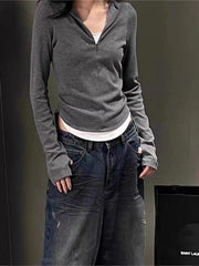 LONG-SLEEVED COLLARED SHIRT AND BAGGY JEANS CLEVER FAKE TWO-PIECE