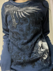 LONG-SLEEVED CREW NECK SHIRT WITH SKULL PRINT AND VINTAGE PUNK GRAPHICS