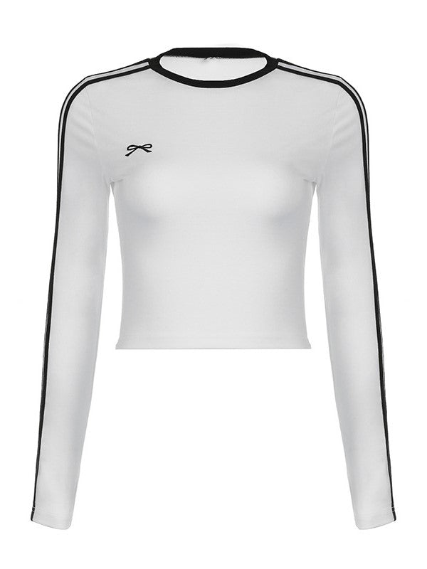 LONG-SLEEVED CROP TOP WITH BLACK STRIPES AND BOW EMBROIDERY IN Y2K STYLE