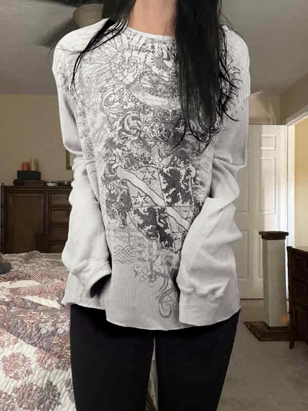 LONG-SLEEVED GRAPHIC THERMAL SHIRT WITH VINTAGE PRINT LOOSE FIT