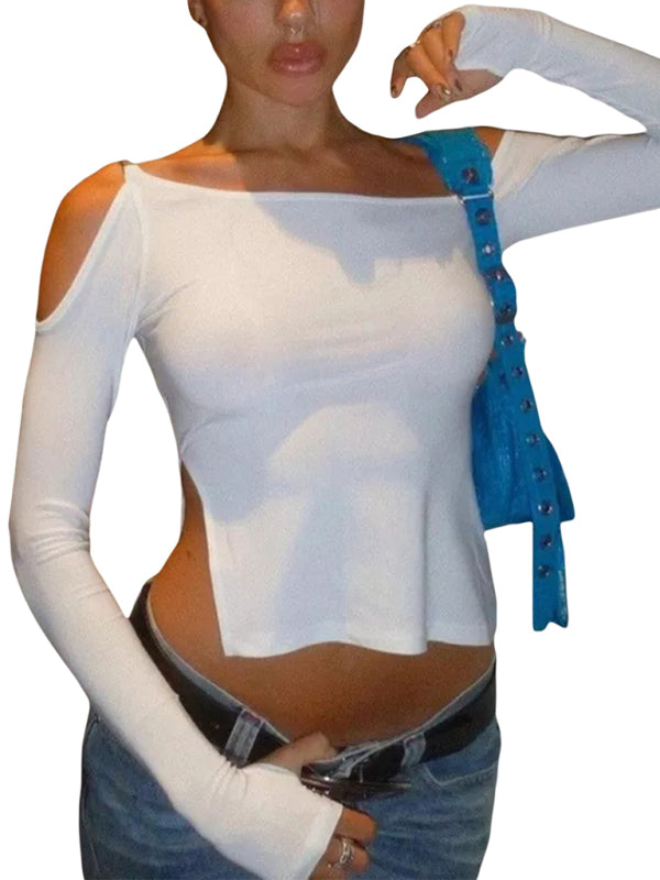 Long-sleeved round neck sexy strapless slit ladies T-shirt - White / S