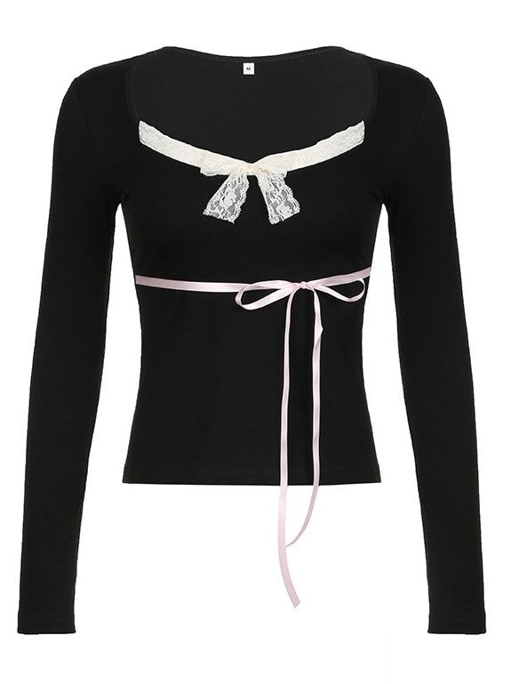 LONG-SLEEVED TOP WITH LACE AND BOW TIE DETAIL FOR ELEGANCE
