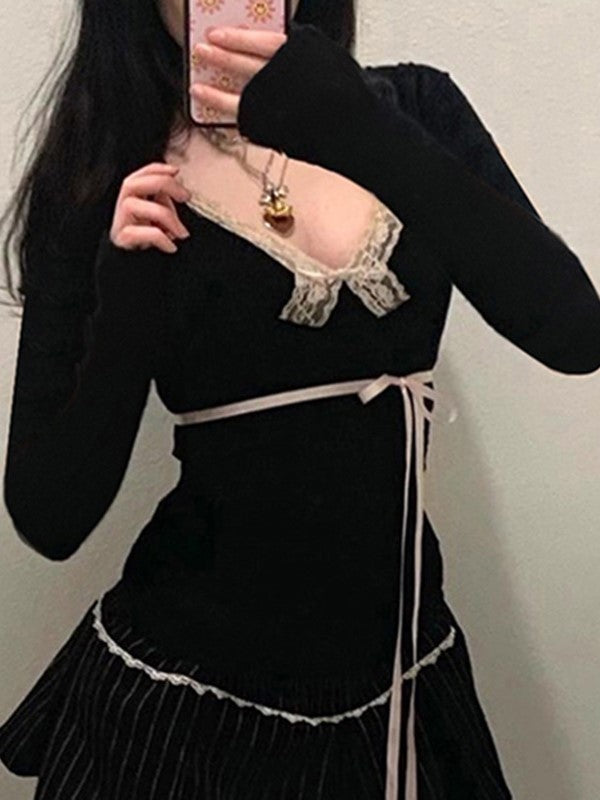 LONG-SLEEVED TOP WITH LACE AND BOW TIE DETAIL FOR ELEGANCE
