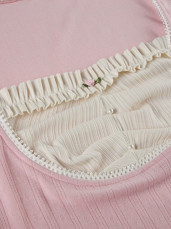LONG-SLEEVED TOP WITH RUFFLED BUST IN SOFT KNIT FABRIC