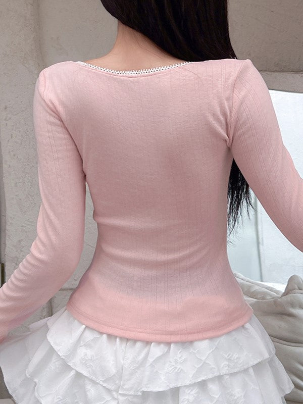 LONG-SLEEVED TOP WITH RUFFLED BUST IN SOFT KNIT FABRIC