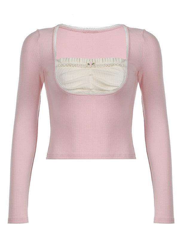 LONG-SLEEVED TOP WITH RUFFLED BUST IN SOFT KNIT FABRIC