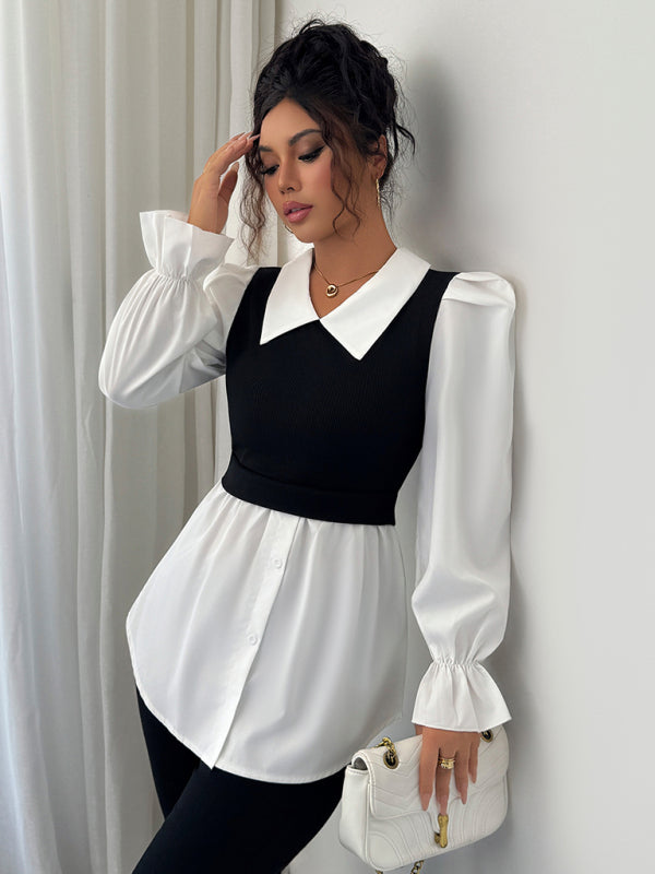 Long-sleeved waist-hugging striped V-neck shirt