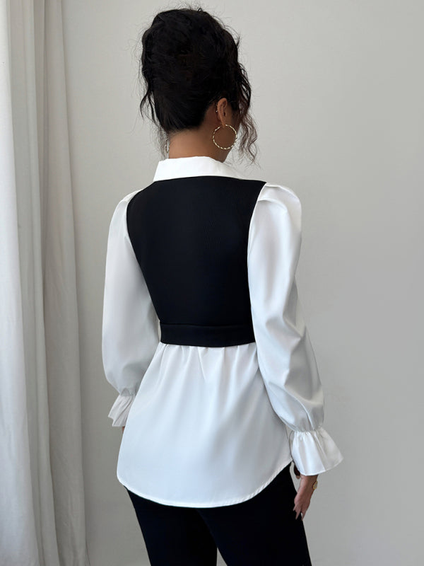 Long-sleeved waist-hugging striped V-neck shirt