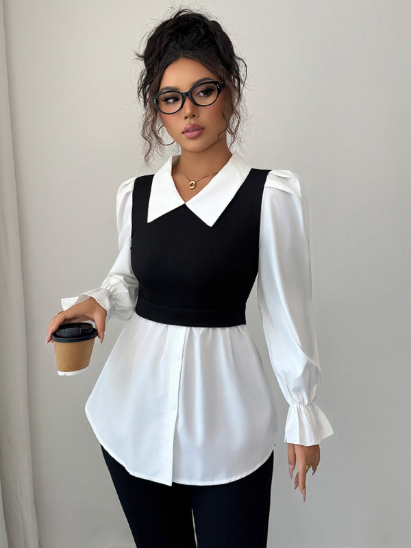 Long-sleeved waist-hugging striped V-neck shirt