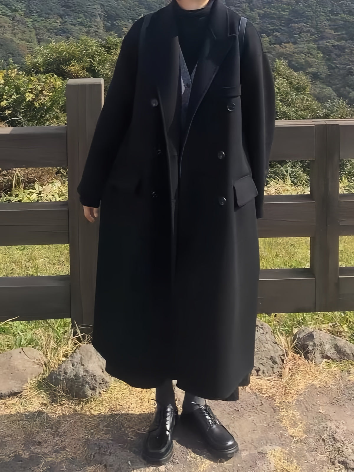 LONGLINE COAT BLACK VINTAGE DOUBLE-BREASTED ELEGANCE