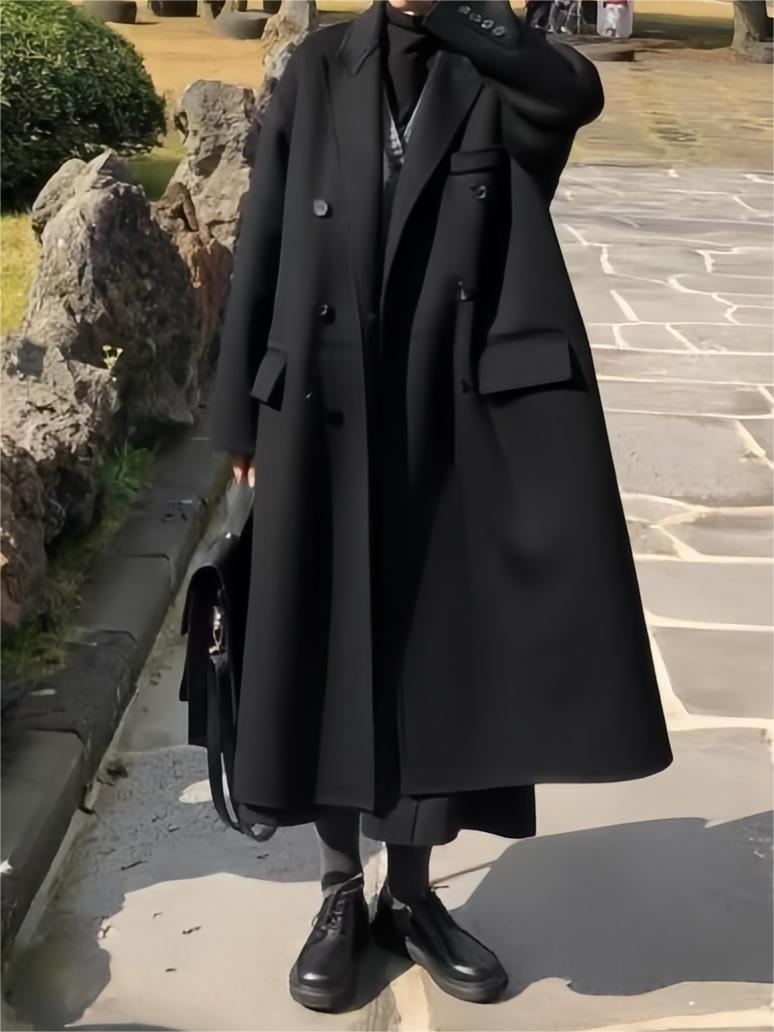LONGLINE COAT BLACK VINTAGE DOUBLE-BREASTED ELEGANCE