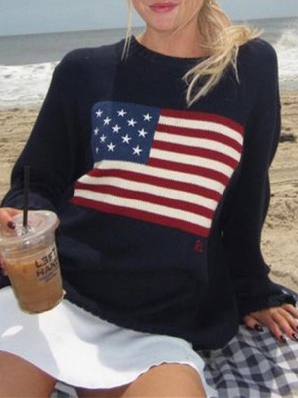 Loose American Flag Knit Long Sleeve Sweater - Blue / M