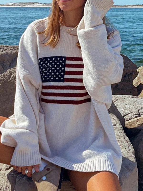 Loose American Flag Knit Long Sleeve Sweater - White / M