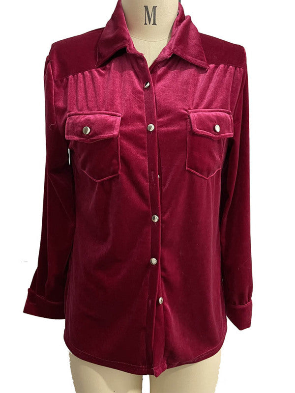 Loose casual all-match tooling retro gold velvet long-sleeved shirt - Wine Red / S