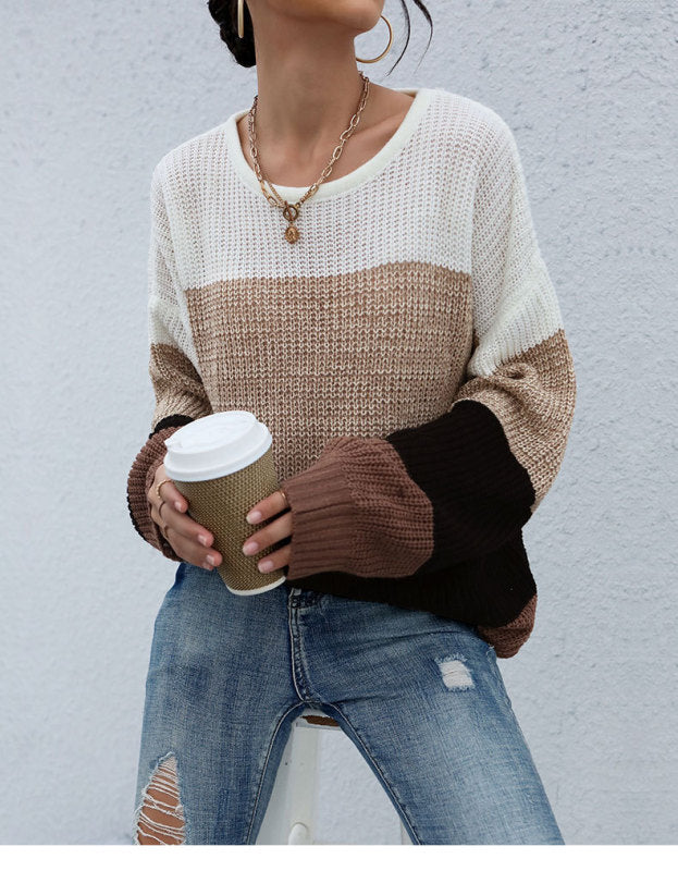 Loose Colorblock Long Sleeve Ladies Autumn Sweater - Closther