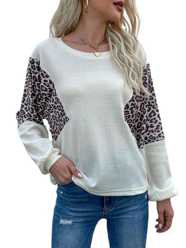 loose crew neck bottoming leopard print knitted sweater - Closther