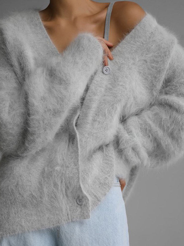 LOOSE FIT GRAY FUZZY SWEATER CARDIGAN WITH IMITATION MINK TEXTURE