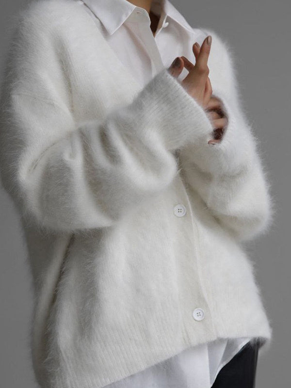 LOOSE FIT GRAY FUZZY SWEATER CARDIGAN WITH IMITATION MINK TEXTURE