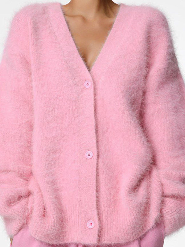 LOOSE FIT GRAY FUZZY SWEATER CARDIGAN WITH IMITATION MINK TEXTURE