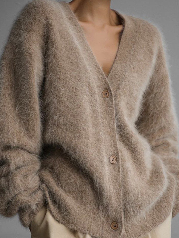 LOOSE FIT GRAY FUZZY SWEATER CARDIGAN WITH IMITATION MINK TEXTURE