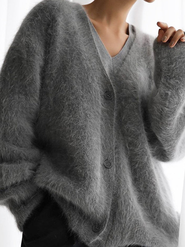 LOOSE FIT GRAY FUZZY SWEATER CARDIGAN WITH IMITATION MINK TEXTURE