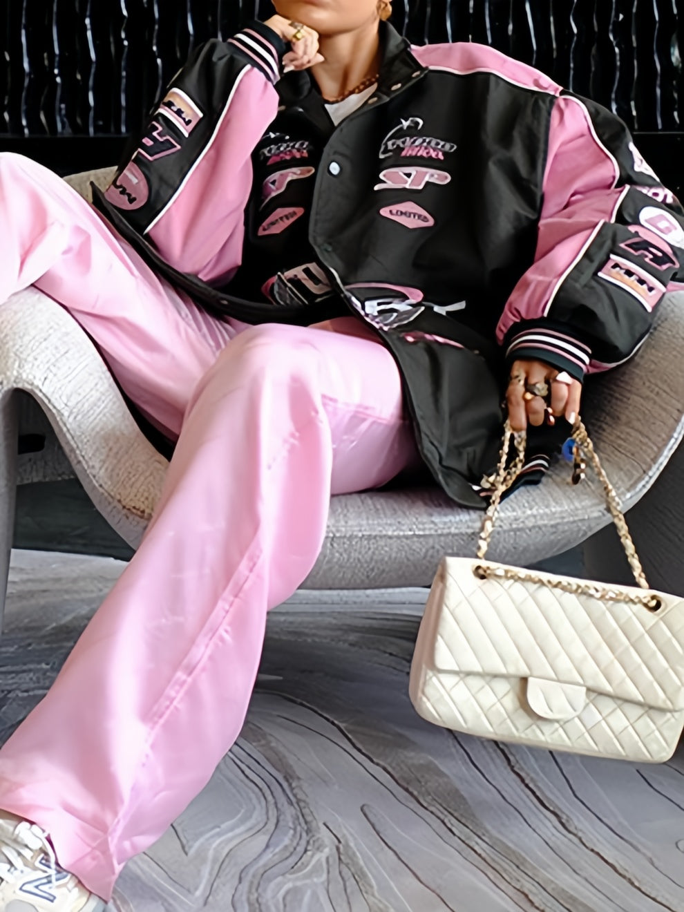 LOOSE FIT RACING JACKET IN PINK AND BLACK WITH LONG SLEEVES