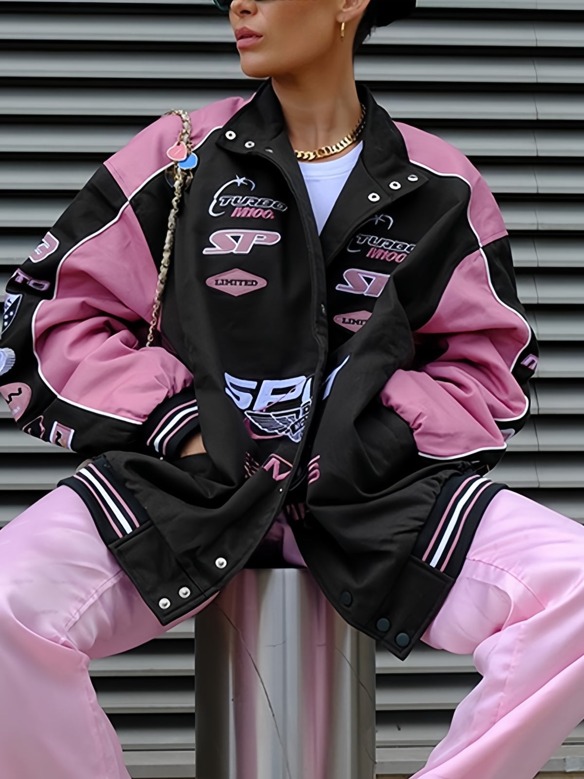 LOOSE FIT RACING JACKET IN PINK AND BLACK WITH LONG SLEEVES
