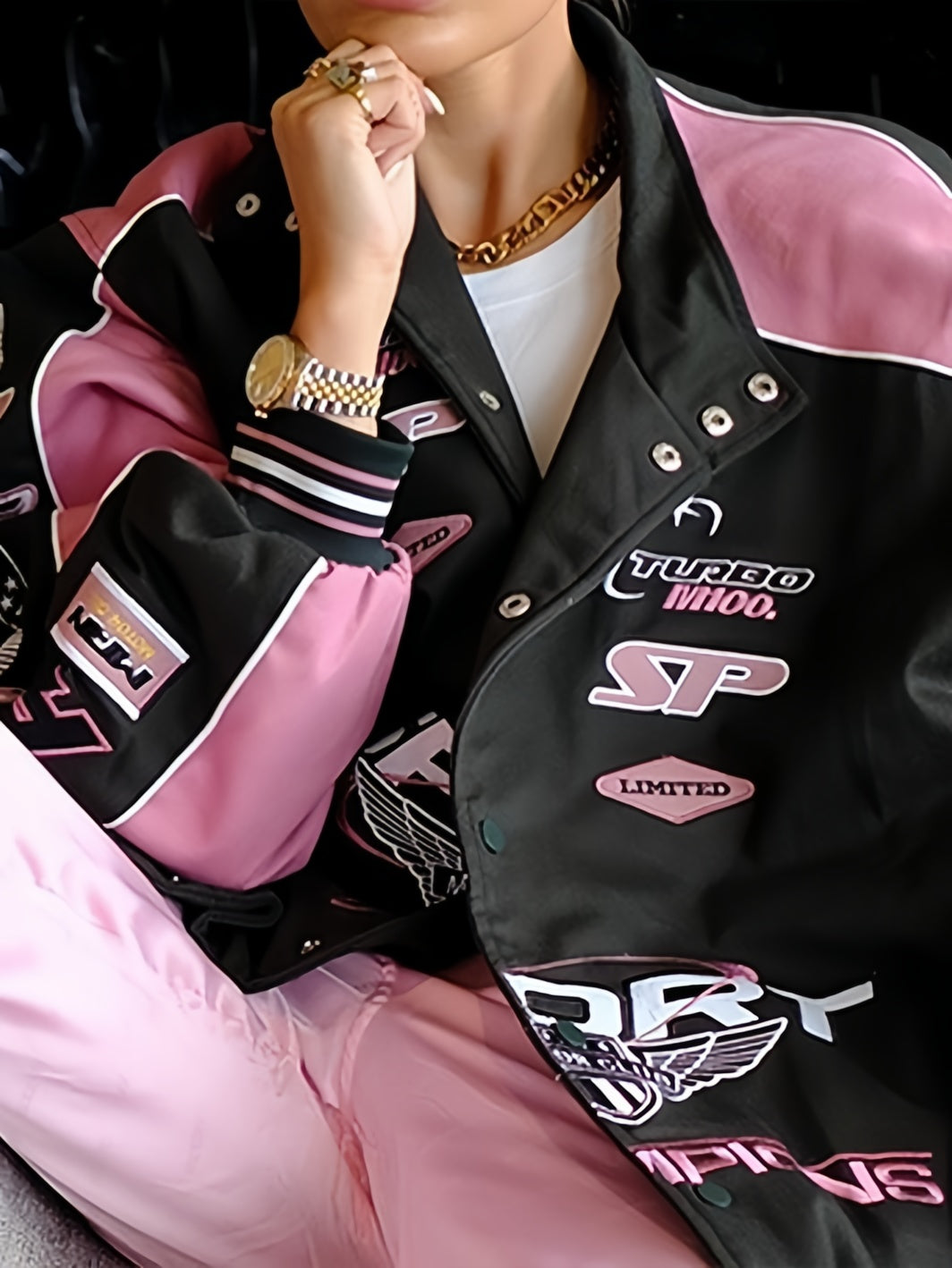 LOOSE FIT RACING JACKET IN PINK AND BLACK WITH LONG SLEEVES