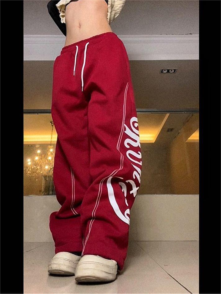 LOOSE FIT RED SWEATPANTS WITH WHITE LETTERING Y2K STYLE