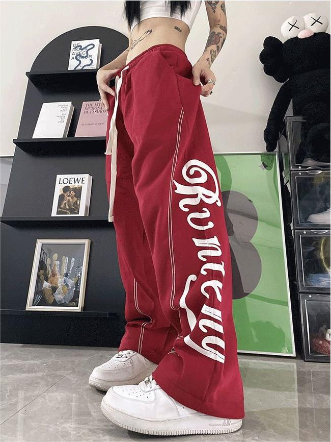 LOOSE FIT RED SWEATPANTS WITH WHITE LETTERING Y2K STYLE