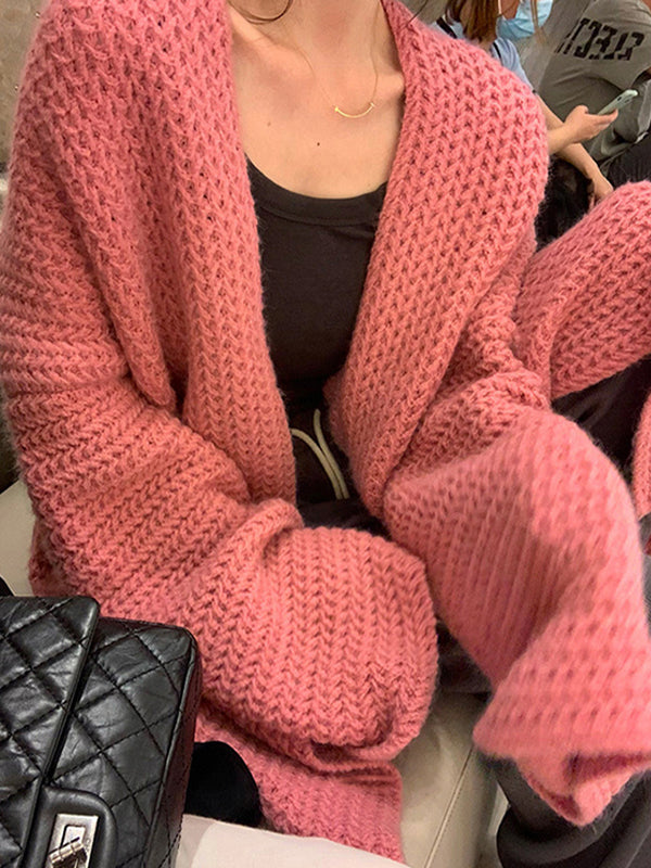 LOOSE FIT V-NECK CARDIGAN - LONG PINK KNIT CARDIGAN