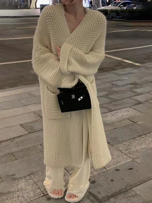 LOOSE FIT V-NECK CARDIGAN - LONG PINK KNIT CARDIGAN