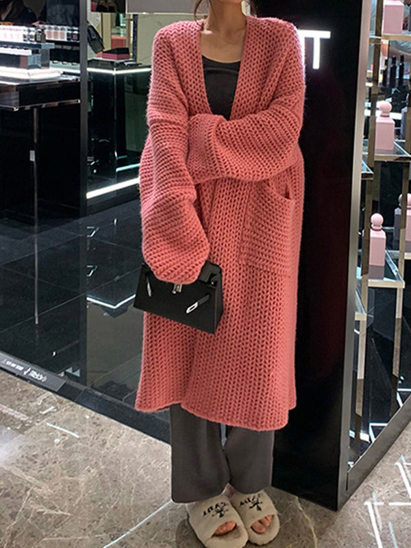 LOOSE FIT V-NECK CARDIGAN - LONG PINK KNIT CARDIGAN