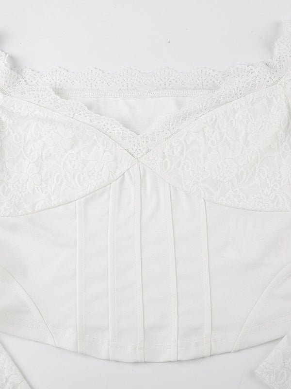 LOOSE FIT VINTAGE WHITE LACE-TRIMMED CORSET TOP
