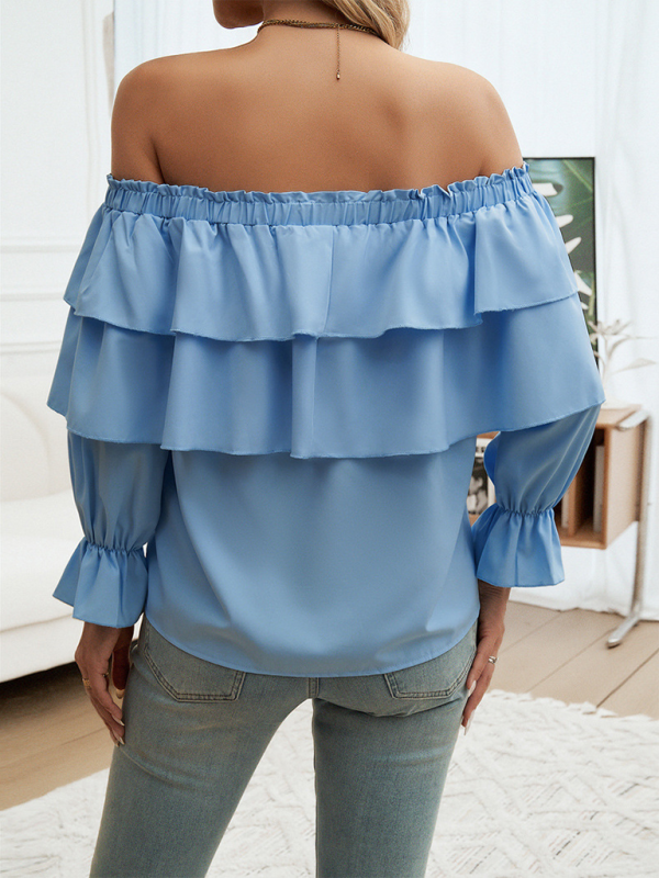 Light blue off-the-shoulder ruffled blouse from Loose-fitting Pleated Off-Shoulder Balloon Sleeve Top