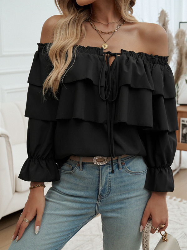 Black off-the-shoulder ruffled blouse from the Loose-fitting Pleated Off-Shoulder Balloon Sleeve Top collection