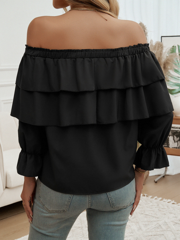 Black off-the-shoulder ruffled blouse from Loose-fitting Pleated Off-Shoulder Balloon Sleeve Top