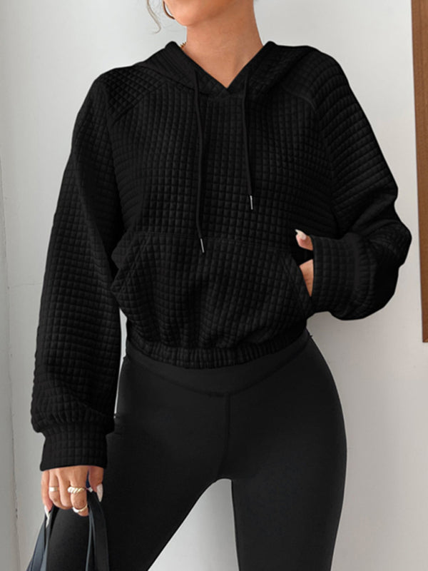 Loose pullover hooded long-sleeved patchwork waffle sweatshirt - Black / S