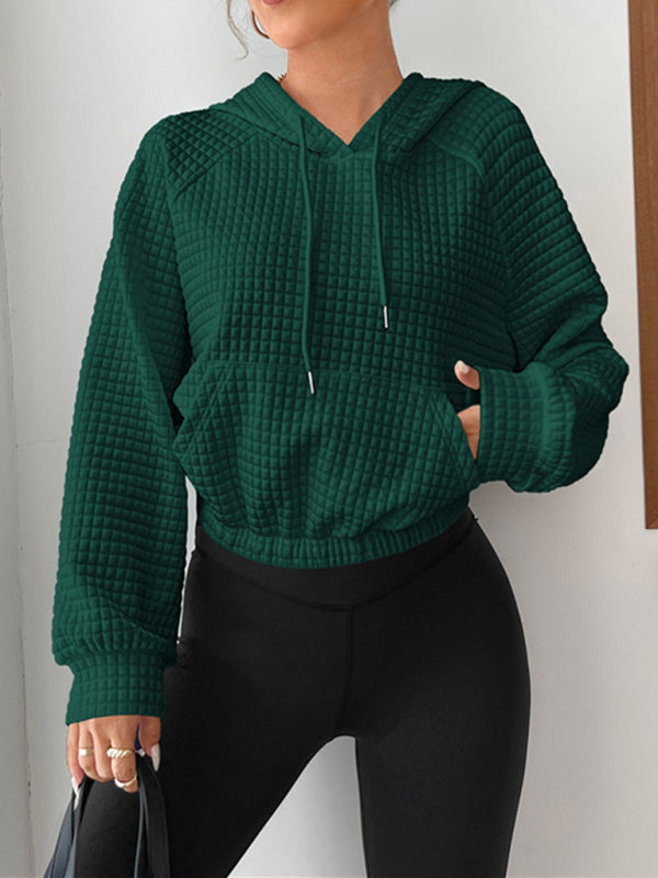 Loose pullover hooded long-sleeved patchwork waffle sweatshirt - Green / S