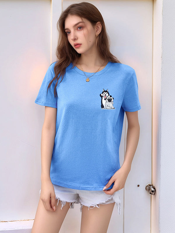 Loose round neck cute dog cartoon print T-shirt