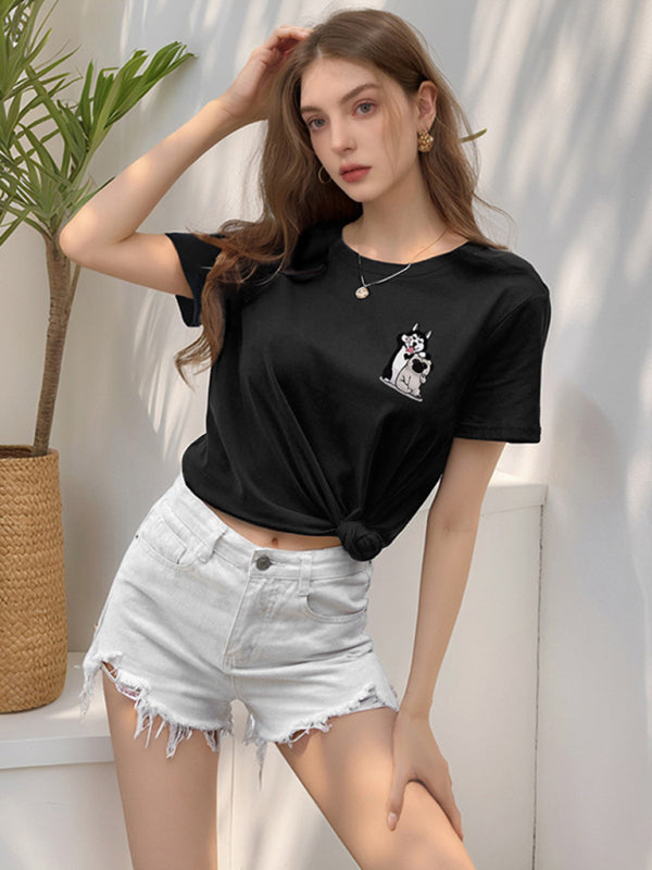 Loose round neck cute dog cartoon print T-shirt - Black / S
