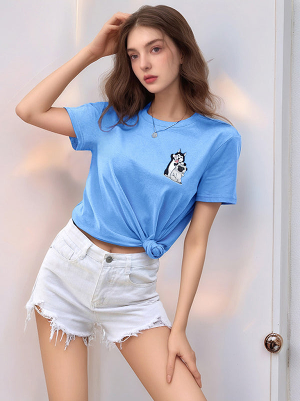 Loose round neck cute dog cartoon print T-shirt - Blue / S