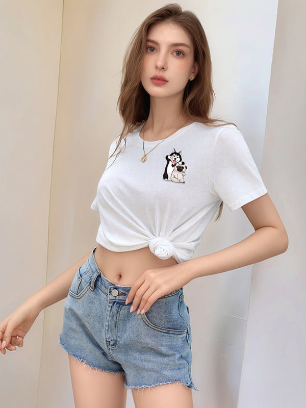 Loose round neck cute dog cartoon print T-shirt - White / S