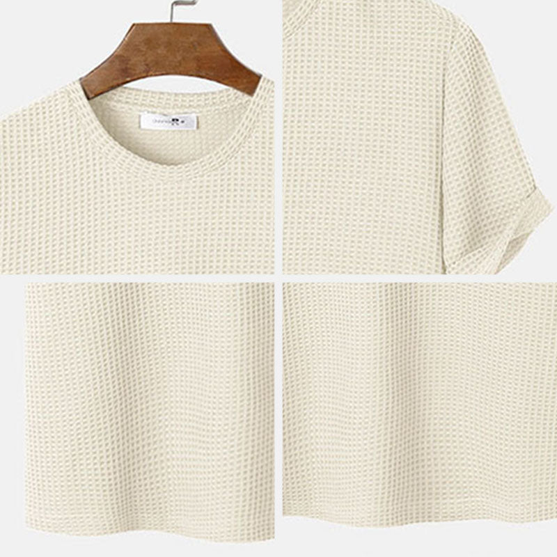 BEIGE WAFFLE-KNIT T-SHIRT FOR EVERYDAY WEAR AND VERSATILE STYLE