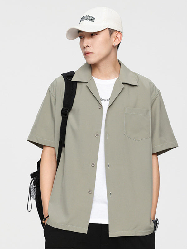 Loose Solid Color Casual Lapel Ordinary Short Sleeve Shirt Men - Green / M