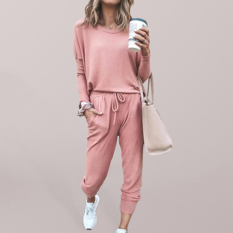 Loose solid color long sleeve casual suit comfortable home suit - Pink / S