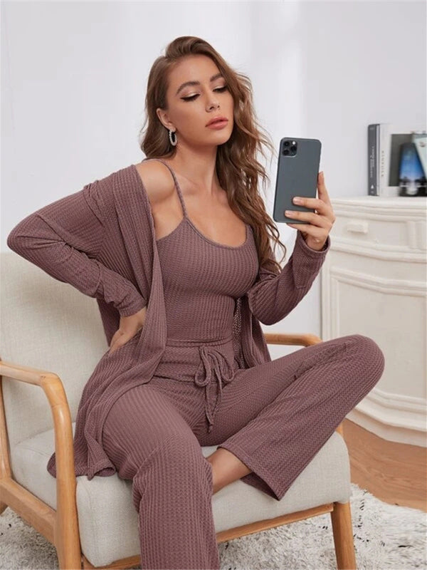 Loungewear Women’s Waffle Knit Long Three-Piece Suit